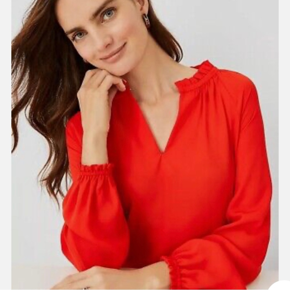 NWT Ann Taylor Women's Mixed Media Ruffle Split Neck Top
